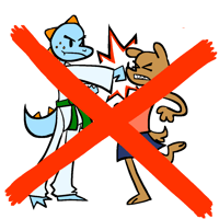 Two cartoon creatures in a fight, with a big red cross through the image to indicate this is not OK